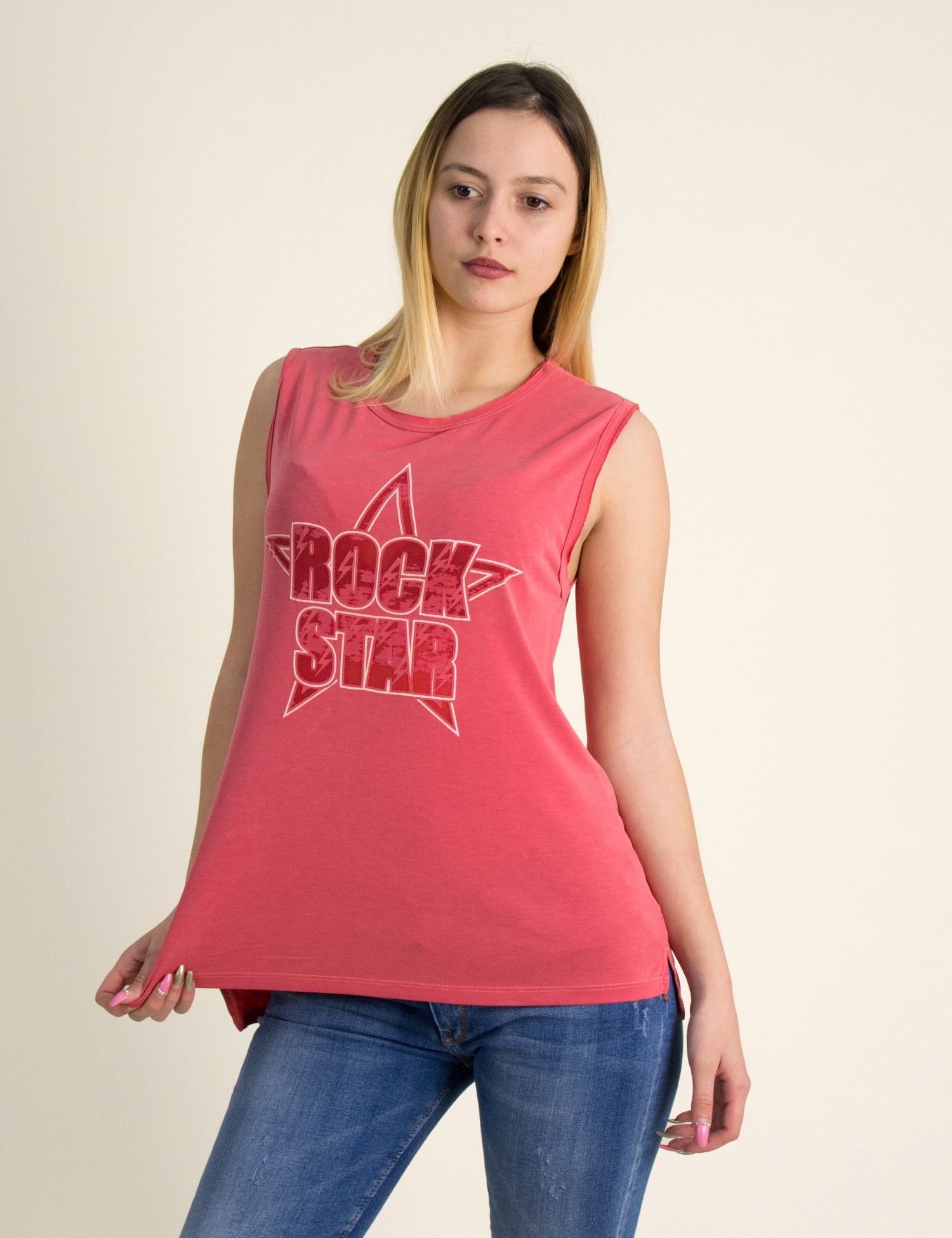 Ασύμμετρη αμάνικη μπλούζα Rock Star 1150027C (Κοραλί)